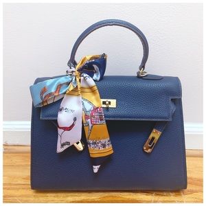 Leather Bag Padlock Satchel Navy Blue
